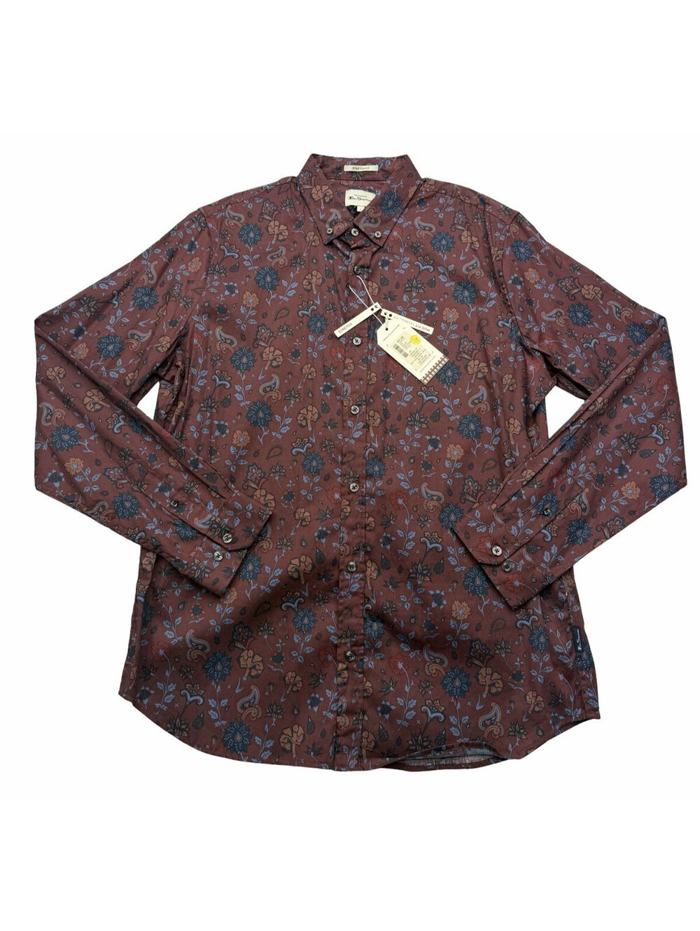 Ben Sherman Stretch Regular Fit Button Down Shirt Floral Burgundy Size L